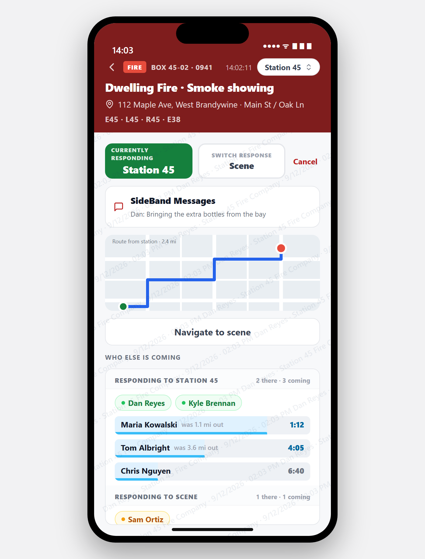 The CADReport app on a dispatch: the incident header, the responding destination, SideBand Messages, the route map, and who else is coming with their arrival times