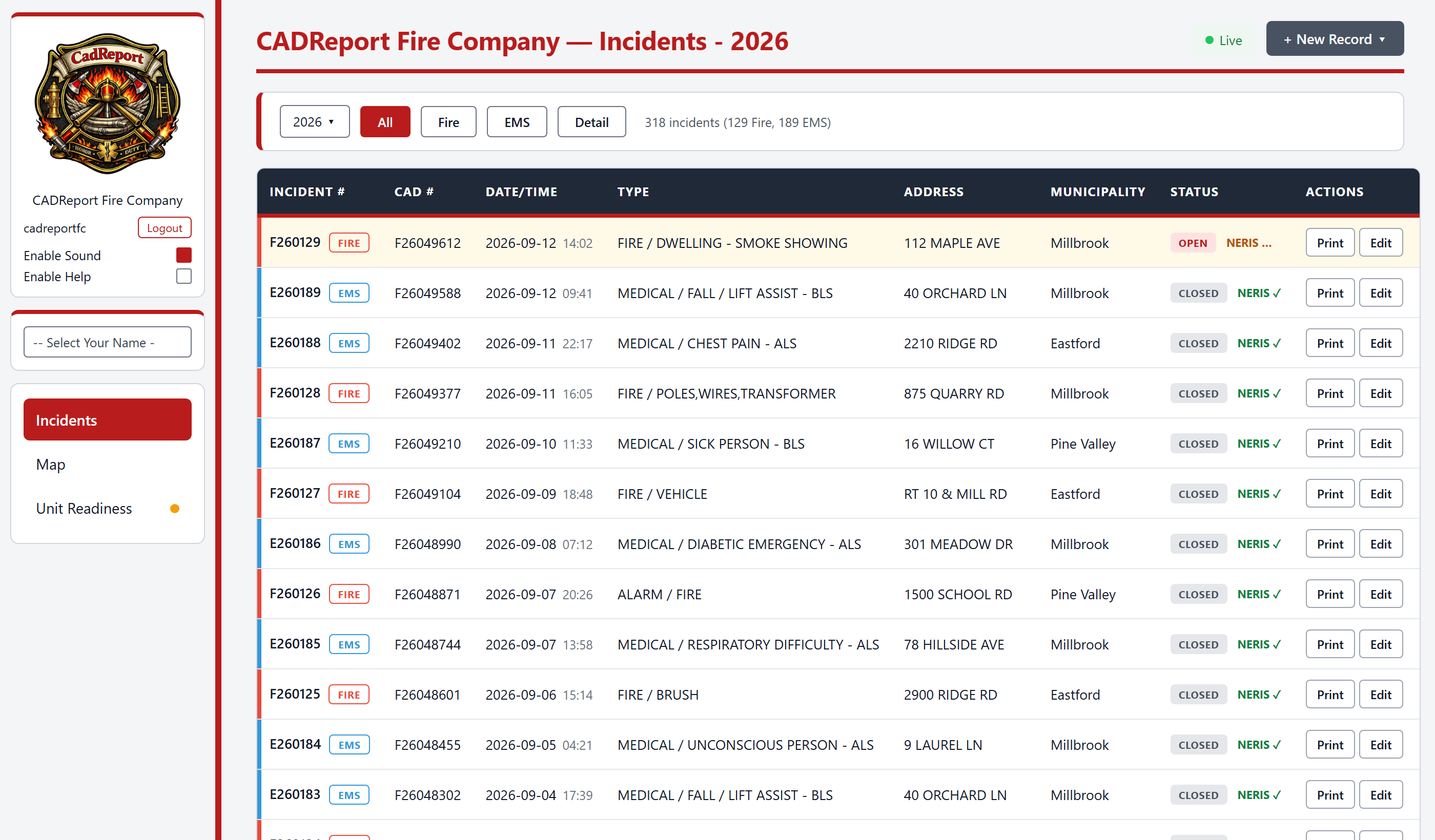The CADReport web app incident list: every dispatched call with its CAD number, type, address, municipality, status, and NERIS state